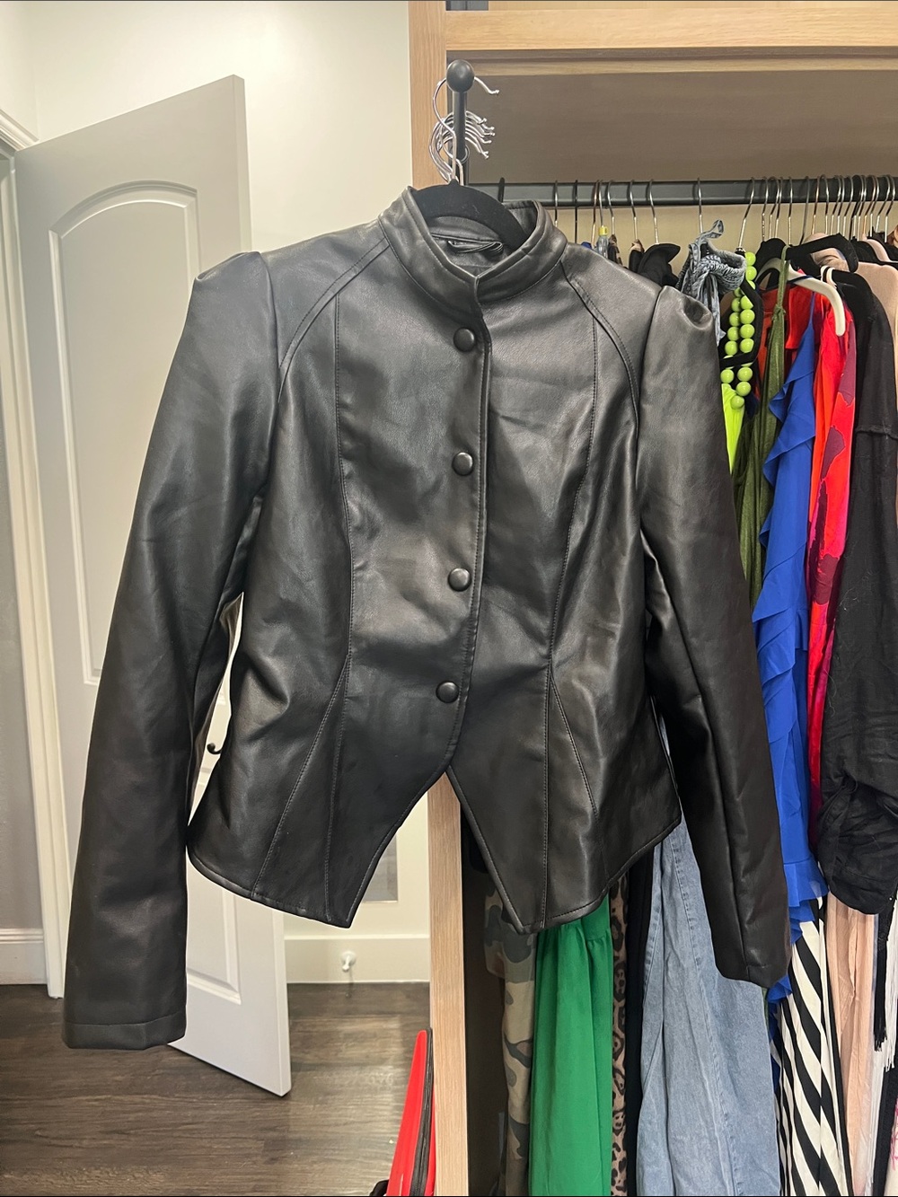 Fashion Nova Black Button-Front Leather Jacket